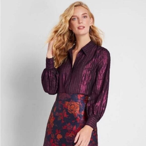 ModCloth Purple Striped Sheer Metallic Button Down Blouse Size M - Picture 2 of 13
